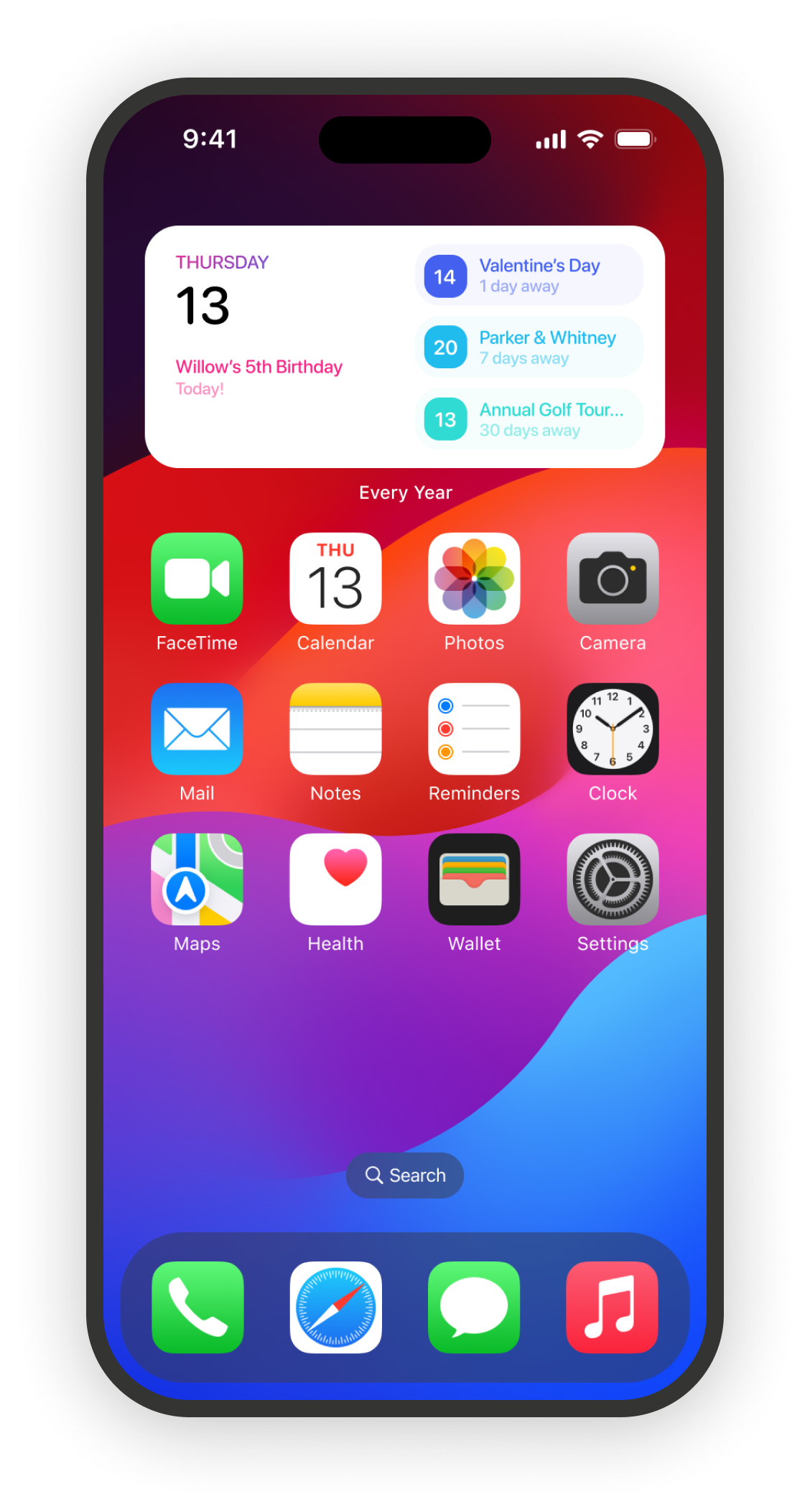 Every Year home screen widget showing today's birthday alongside upcoming events